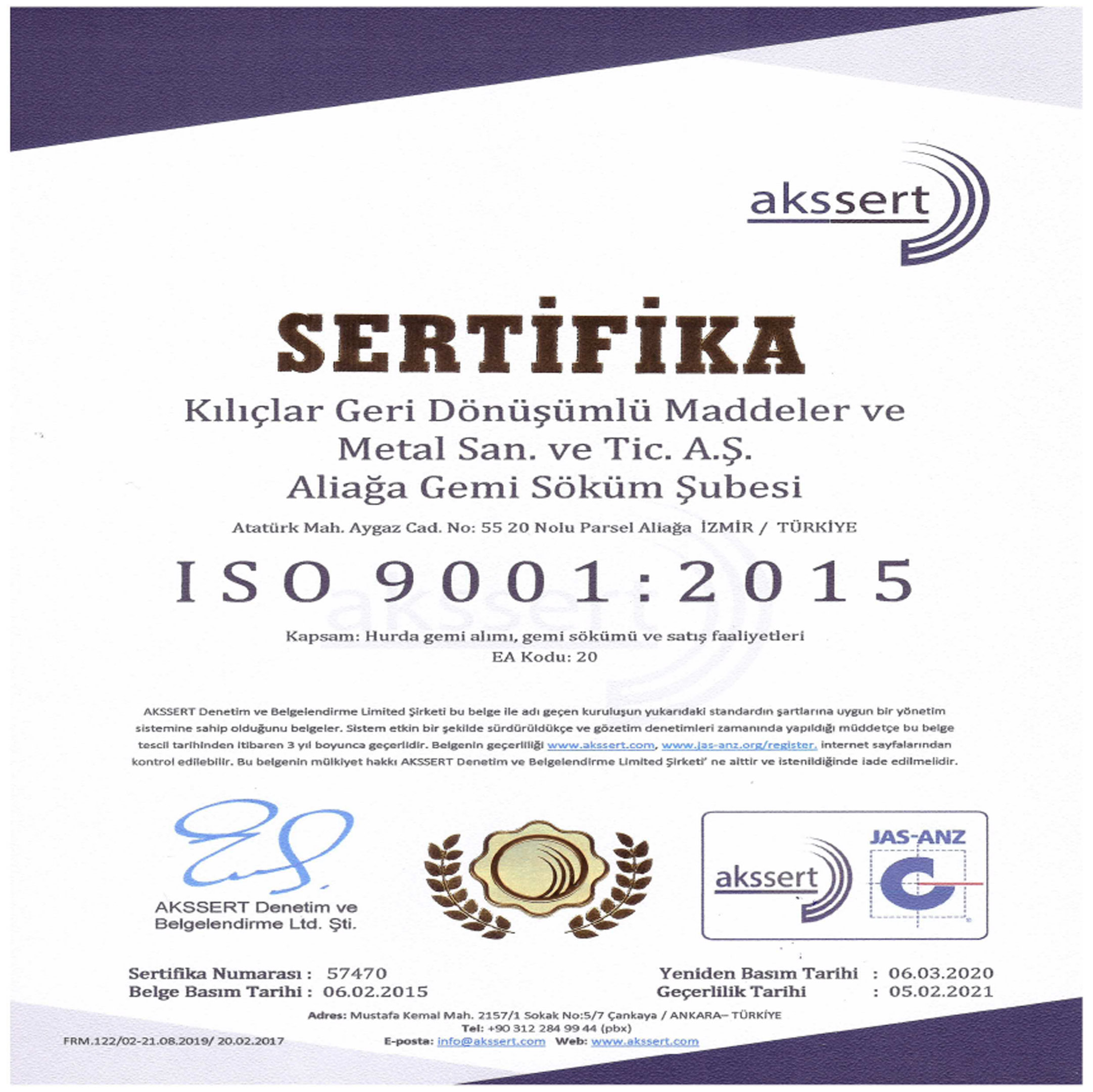 Aliaga Gemi Sokum Tesisi Kiliclar A S